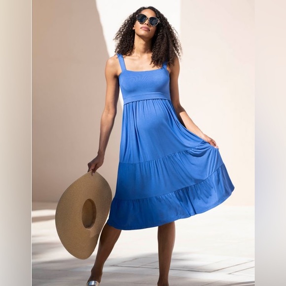 Seraphine Cobalt Blue Tiered Maternity & Nursing Midi Dress - Picture 1 of 2